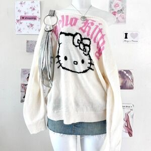 Hello Kitty Y2K White & Pink Off The Shoulder Knit Sweater